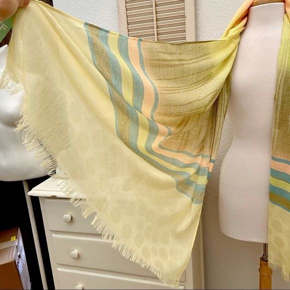 Long Striped Gauze Scarf. NWT. Deep Pastels. LOF New York. Fray Fringe Trim - Picture 6 of 8